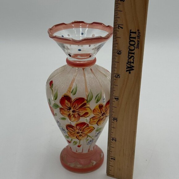 Tracy Porter Hand Painted Clear Blown Glass Bud Vase Floral Flowers Ruffled Edge - Picture 8 of 10